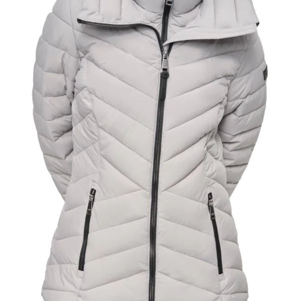 DKNY Missy Chevron Quilted Bib-Front Puffer Jacket Loden Fog L