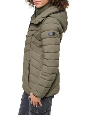 DKNY Missy Chevron Quilted Bib-Front Puffer Jacket Loden L