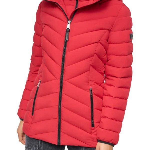 DKNY Missy Chevron Quilted Bib-Front Puffer Jacket Loden Ruby L