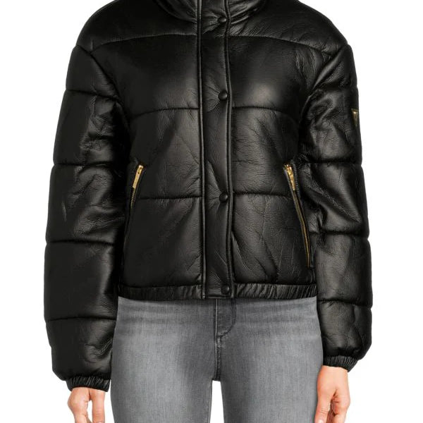 Guess Faux Leather Puffer Jacket Black L