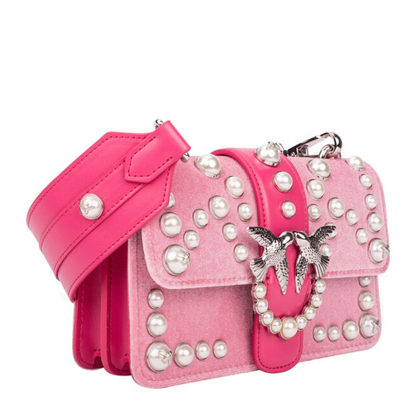 Mini Love Velvet Pearls Shoulder Bag In Pink