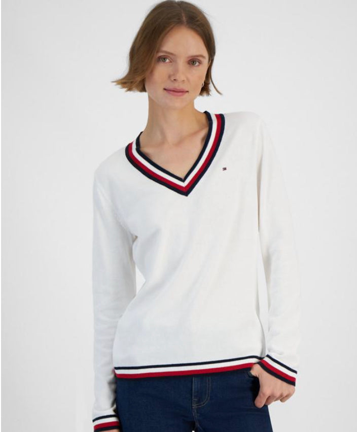 Tommy Hilfiger Women's Contrast-Trim V-Neck Sweater White L