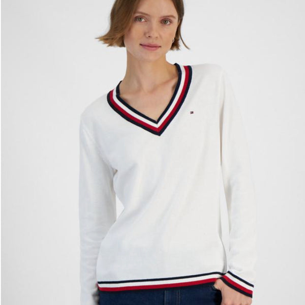 Tommy Hilfiger Women's Contrast-Trim V-Neck Sweater White L